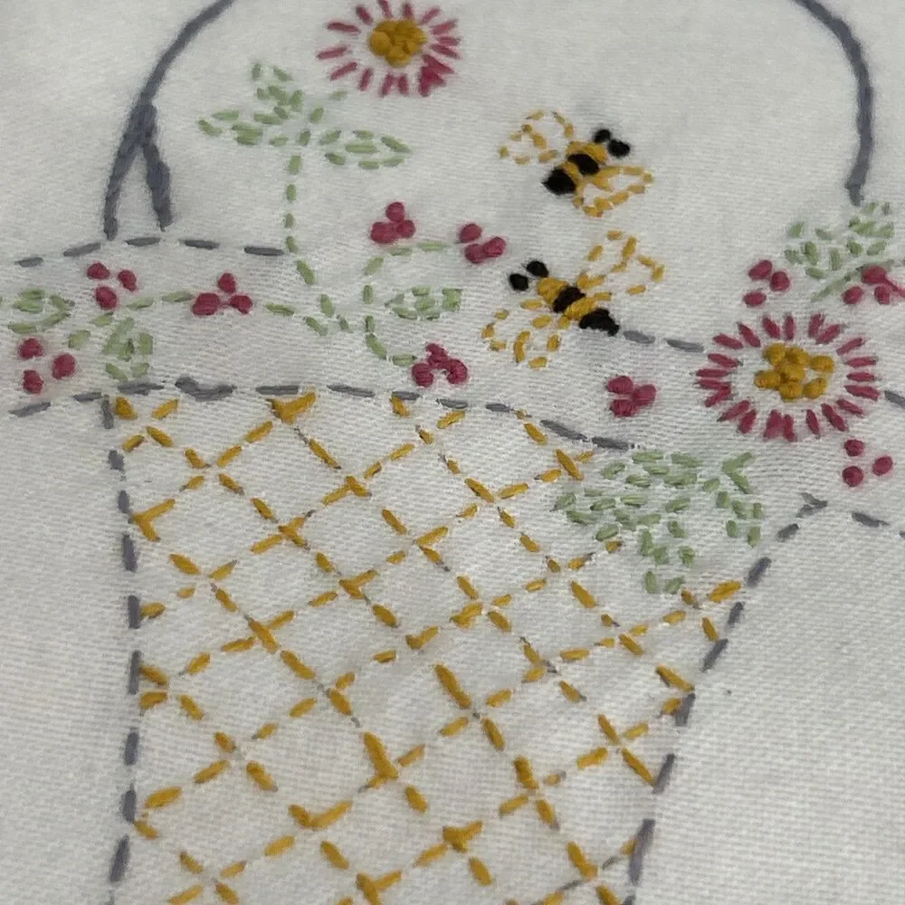 Set of 2 Hand Embroidered Cream Dish Tea Towels Floral Basket Bees